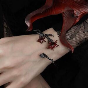 Dark Romantic Lily Branch Cuff Bracelet – Red or Black – Gothic Open Cuff